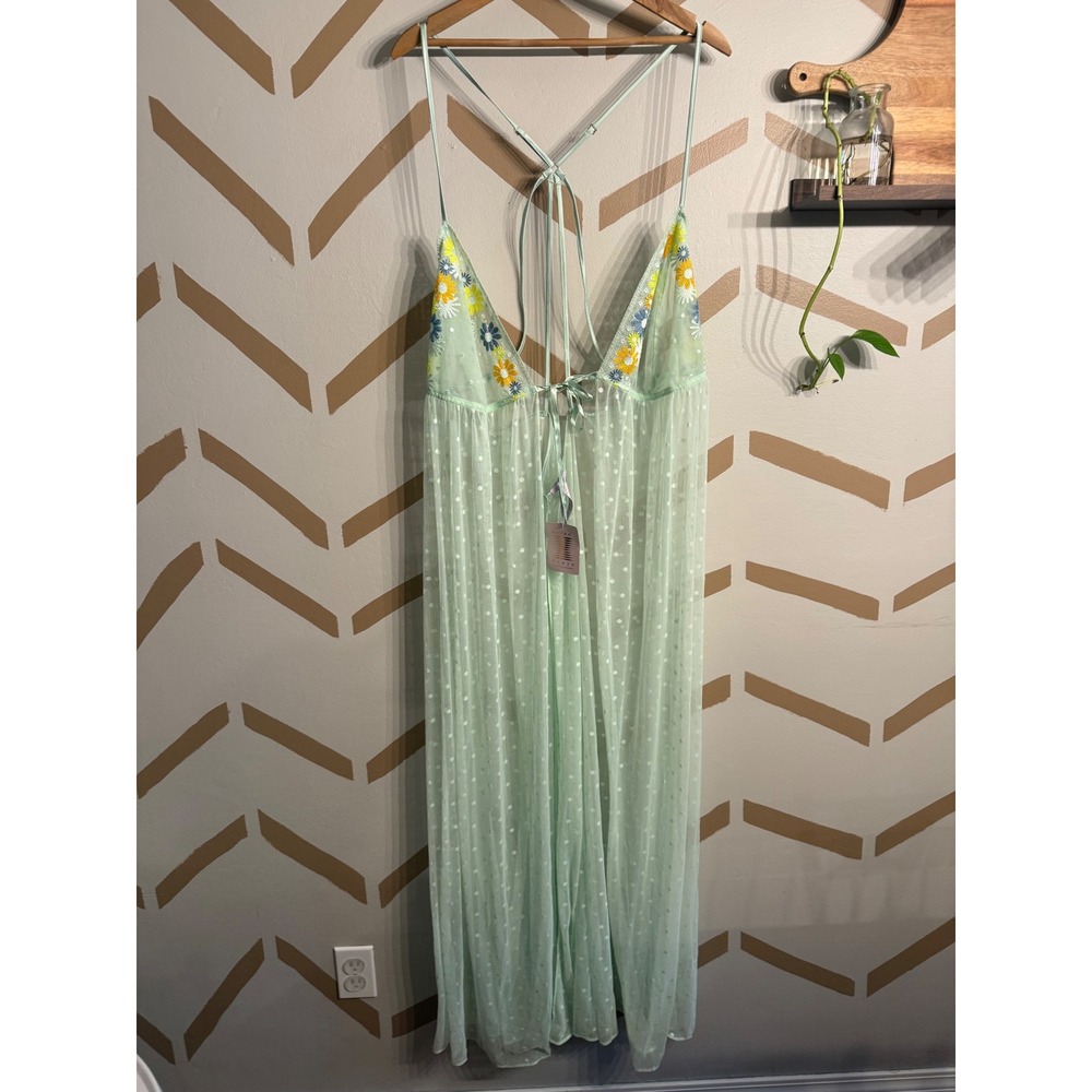 Savage X Fenty Lingerie Dress Womens 4X Green Floral Mesh Polka Dot Maxi Slip